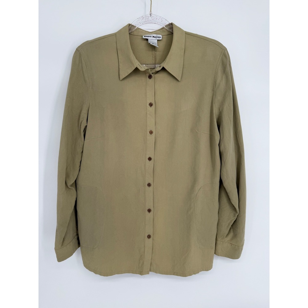 Kriss Kross Women Tan Button Down Shirt Side Pockets Sz 14 100% Silk